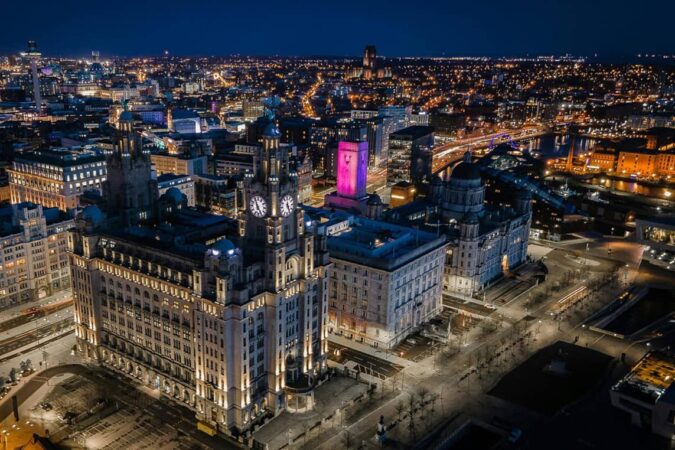 Overheard shot of Liverpool city centre at night.