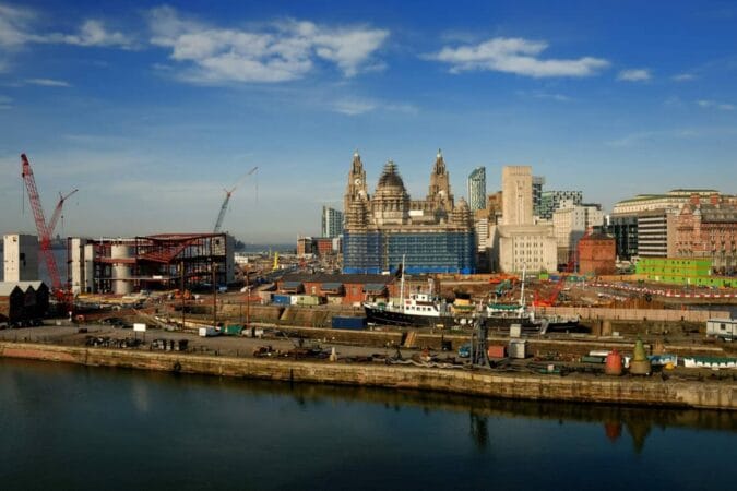 Overlooking the Liverpool waterfront towards the Three Graces buildings.