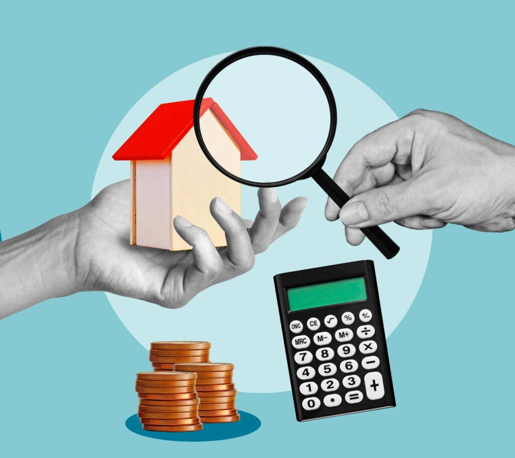 A graphic showing a person holding a house, another person holding a magnifying glass, surrounded by a stack of coins and a calculator.