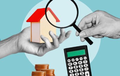A graphic showing a person holding a house, another person holding a magnifying glass, surrounded by a stack of coins and a calculator.