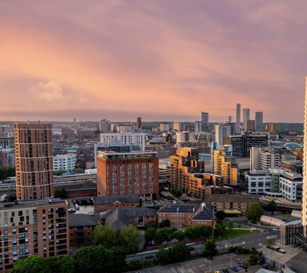 Overhead shot of the Leeds skyline as the sun sets.