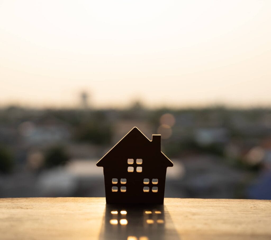 A house figurine with rows of houses in the background.