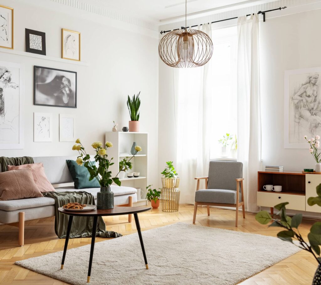 Inside the living room of a contemporary modern apartment.